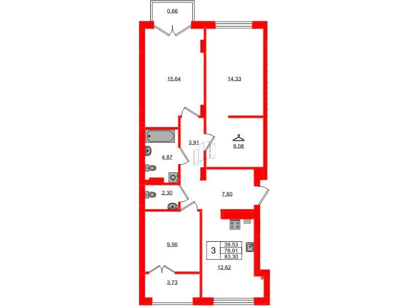Квартира в ЖК «Включи», 3 комнатная, 83.3 м², 2 этаж