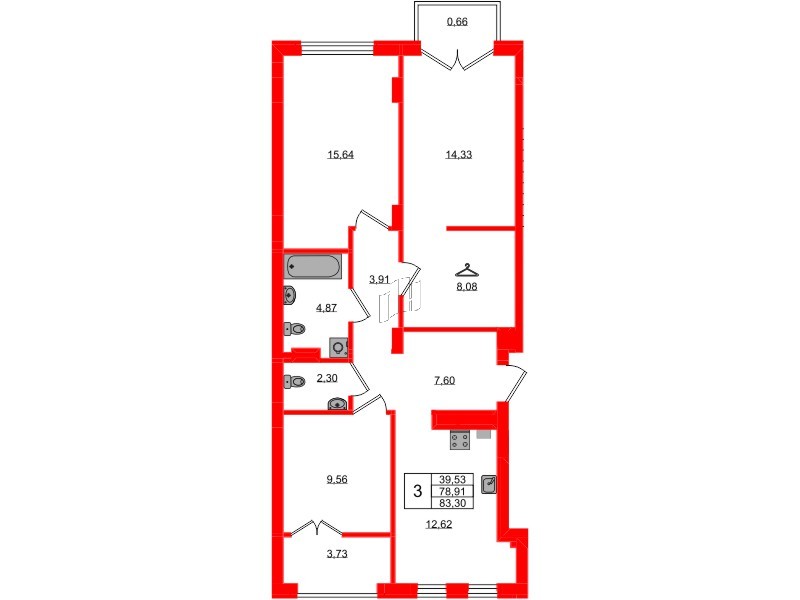 Квартира в ЖК «Включи», 3 комнатная, 83.3 м², 3 этаж