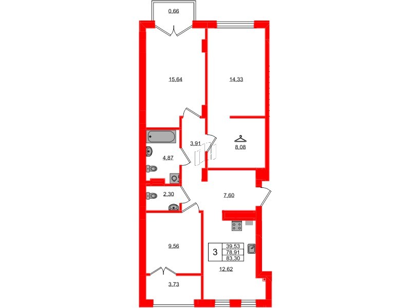 Квартира в ЖК «Включи», 3 комнатная, 83.3 м², 6 этаж