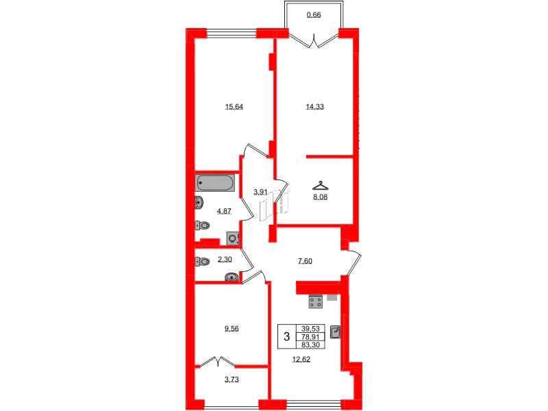Квартира в ЖК «Включи», 3 комнатная, 83.3 м², 7 этаж