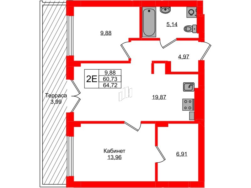 Квартира в ЖК «Включи», 1 комнатная, 64.72 м², 1 этаж