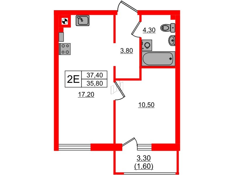 Квартира в ЖК «River Park-2», 1 комнатная, 37.4 м², 1 этаж