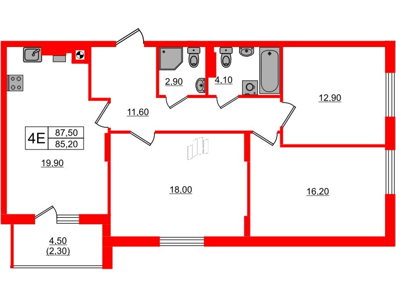 Квартира в ЖК «River Park-2», 3 комнатная, 87.5 м², 3 этаж