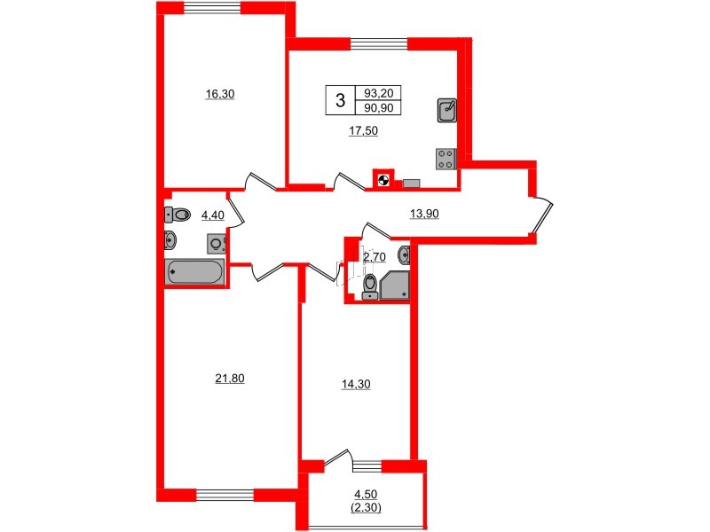Квартира в ЖК «River Park-2», 3 комнатная, 93.2 м², 2 этаж
