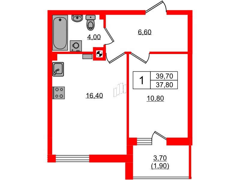 Квартира в ЖК «River Park-2», 1 комнатная, 39.7 м², 2 этаж
