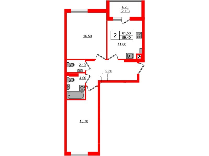 Квартира в ЖК «Ривер Парк-2», 2 комнатная, 61.5 м², 4 этаж