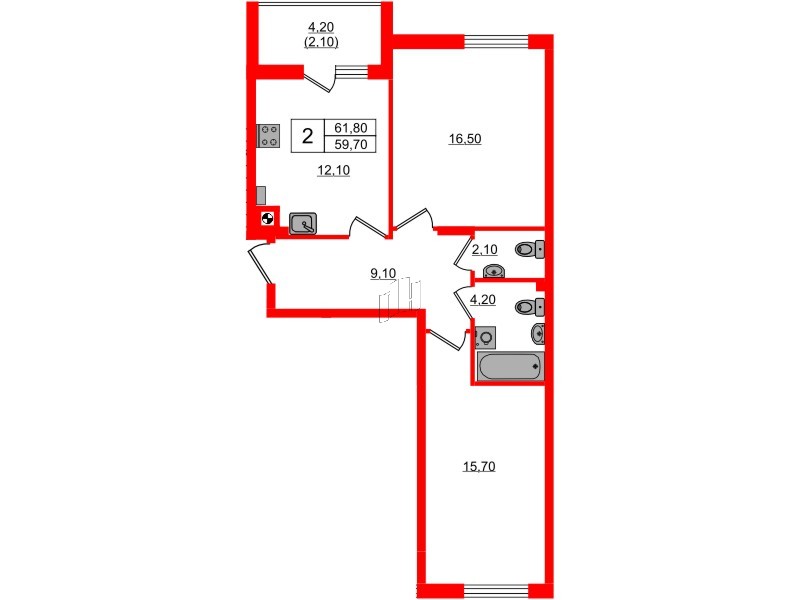 Квартира в ЖК «Ривер Парк-2», 2 комнатная, 61.8 м², 2 этаж