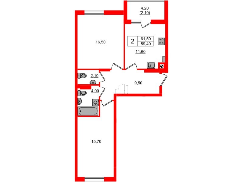 Квартира в ЖК «Ривер Парк-2», 2 комнатная, 61.5 м², 4 этаж