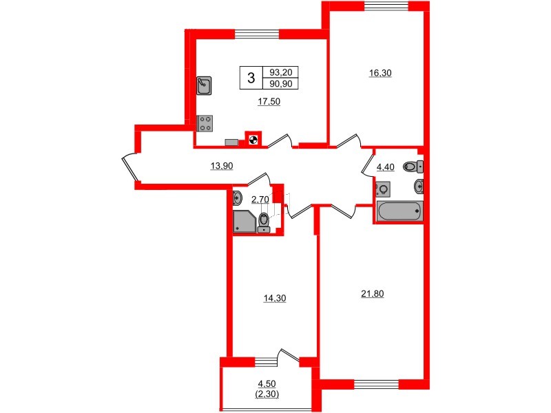 Квартира в ЖК «River Park-2», 3 комнатная, 93.2 м², 2 этаж