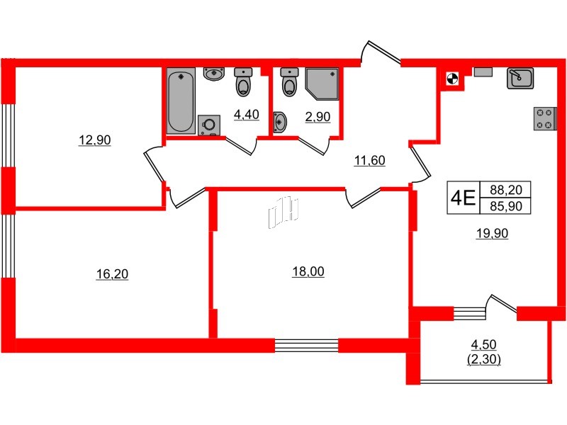 Квартира в ЖК «River Park-2», 3 комнатная, 88.2 м², 2 этаж