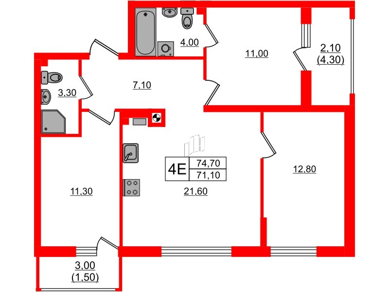 Квартира в ЖК «River Park-2», 3 комнатная, 74.7 м², 1 этаж