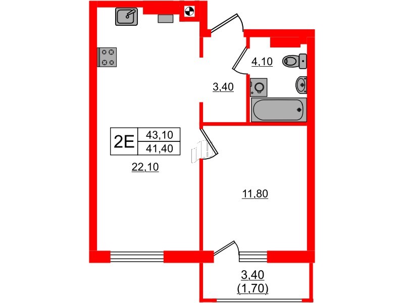 Квартира в ЖК «River Park-2», 1 комнатная, 43.1 м², 3 этаж