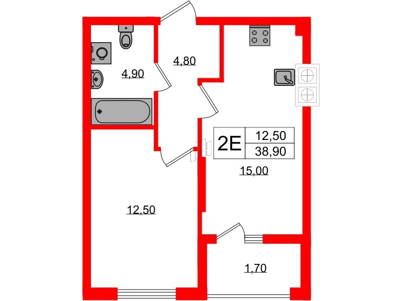 Квартира в ЖК «Дом на Красной», 1 комнатная, 38.9 м², 1 этаж