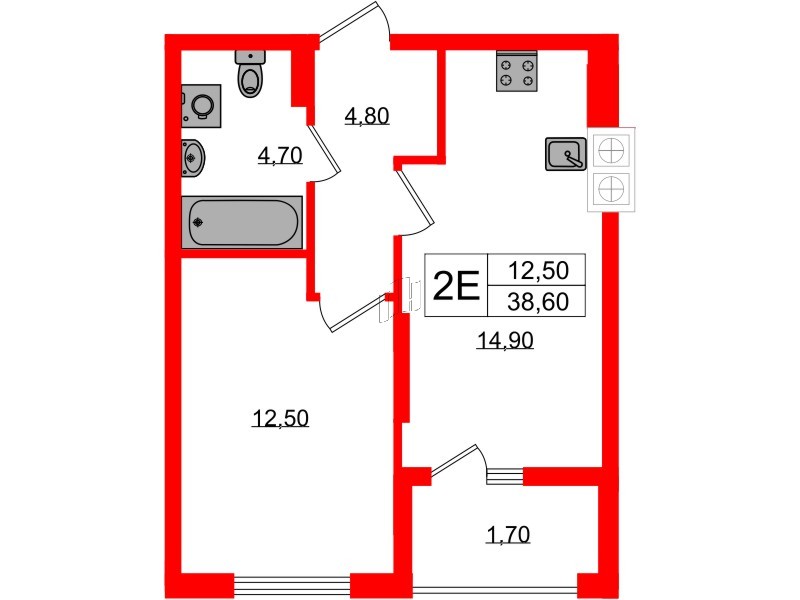 Квартира в ЖК «Дом на Красной», 1 комнатная, 38.6 м², 2 этаж