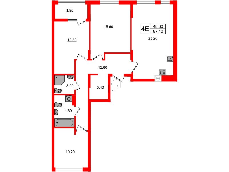 Квартира в ЖК «Дом на Красной», 3 комнатная, 91.5 м², 8 этаж