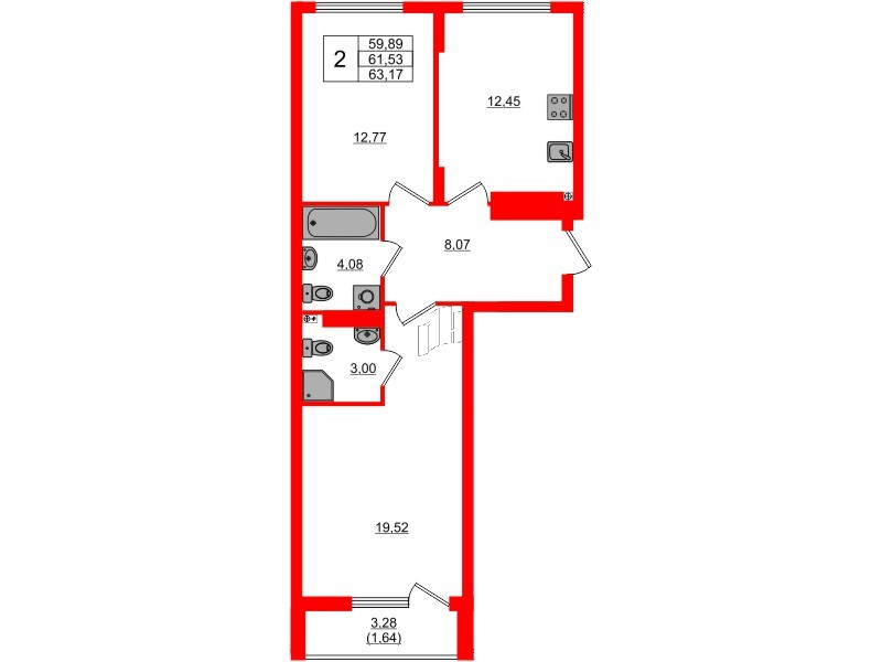 Квартира в ЖК «Расцвет Парк», 2 комнатная, 61.53 м², 4 этаж