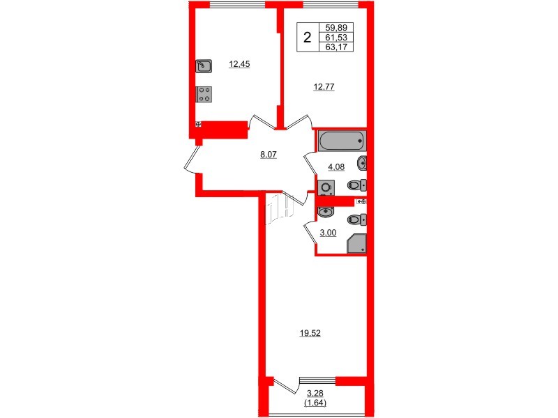 Квартира в ЖК «Расцвет Парк», 2 комнатная, 61.53 м², 2 этаж