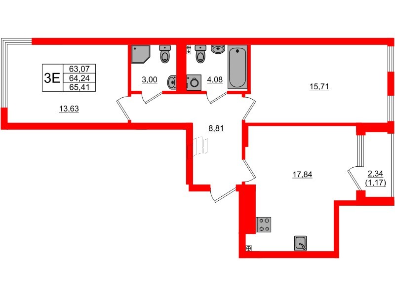 Квартира в ЖК «Расцвет Парк», 2 комнатная, 64.24 м², 4 этаж