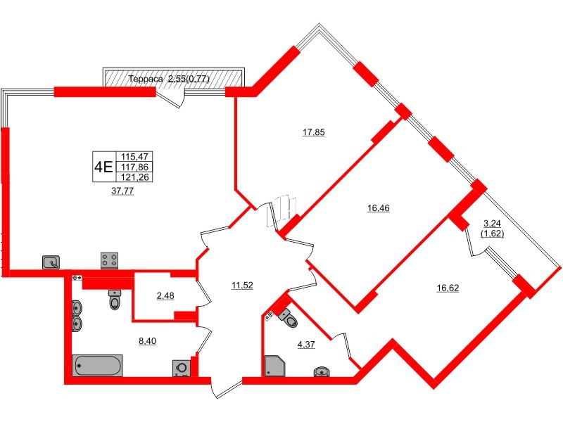 Квартира в ЖК «Расцвет Парк», 3 комнатная, 117.86 м², 3 этаж