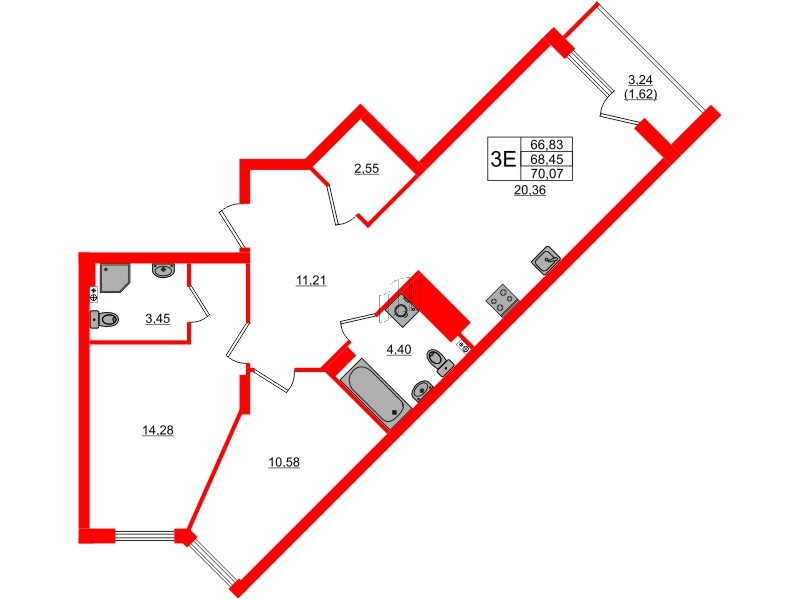 Квартира в ЖК «Расцвет Парк», 2 комнатная, 68.45 м², 2 этаж