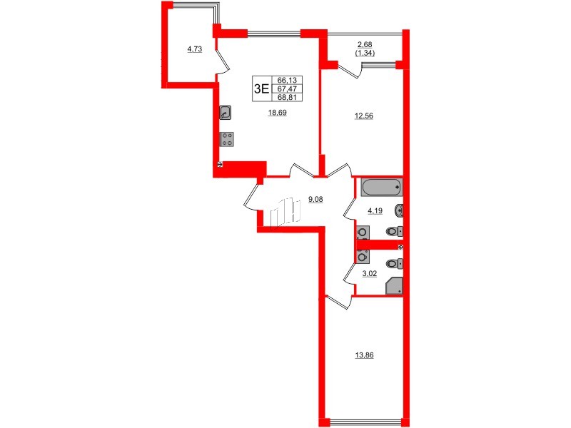Квартира в ЖК «Расцвет Парк», 2 комнатная, 67.47 м², 2 этаж