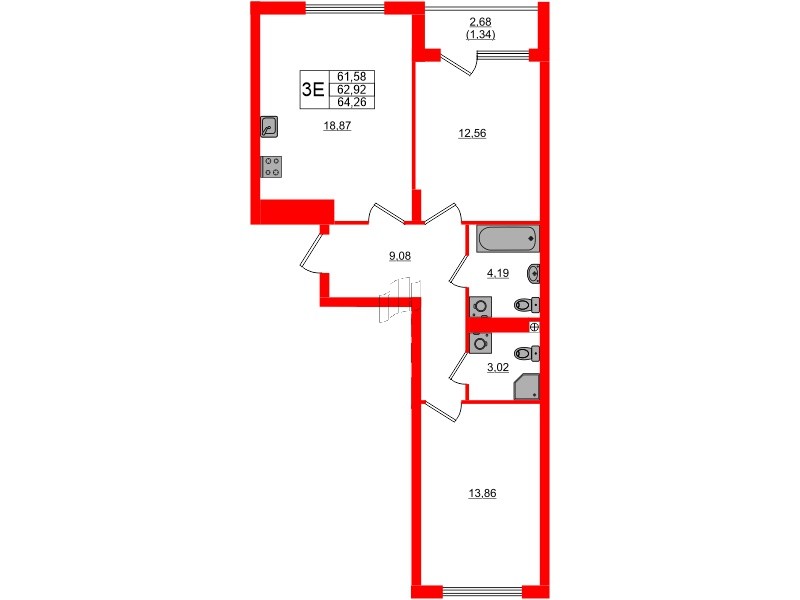 Квартира в ЖК «Расцвет Парк», 2 комнатная, 62.92 м², 4 этаж