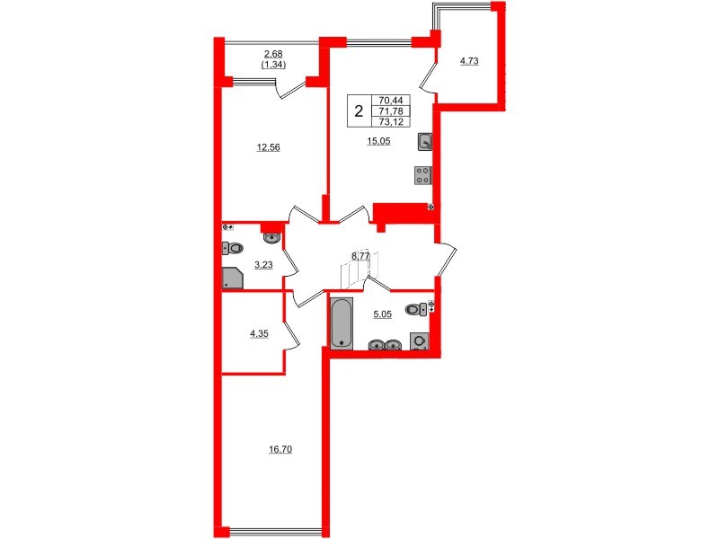 Квартира в ЖК «Расцвет Парк», 2 комнатная, 71.78 м², 2 этаж