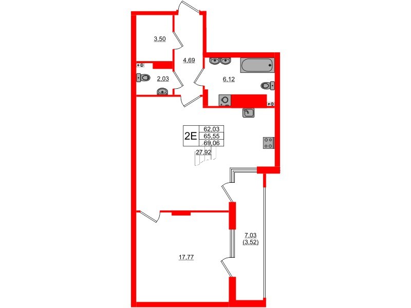 Квартира в ЖК «Расцвет Парк», 1 комнатная, 65.55 м², 4 этаж