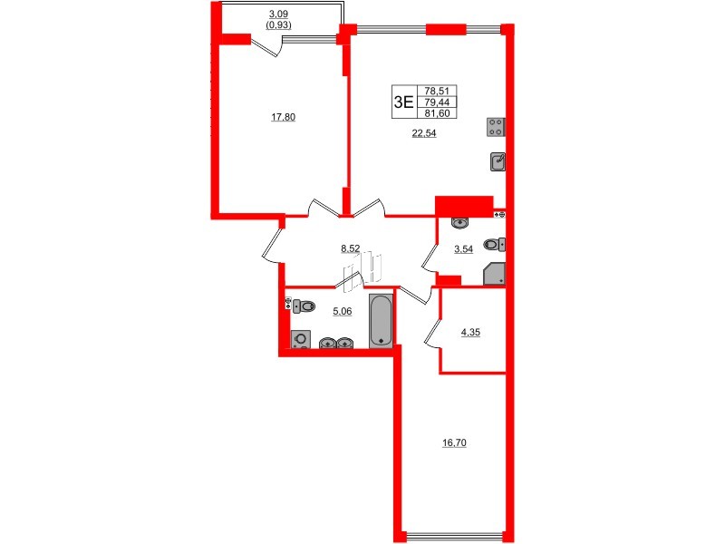 Квартира в ЖК «Расцвет Парк», 2 комнатная, 79.44 м², 3 этаж
