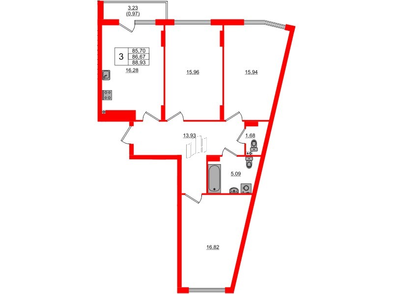 Квартира в ЖК «Расцвет Парк», 3 комнатная, 86.67 м², 2 этаж