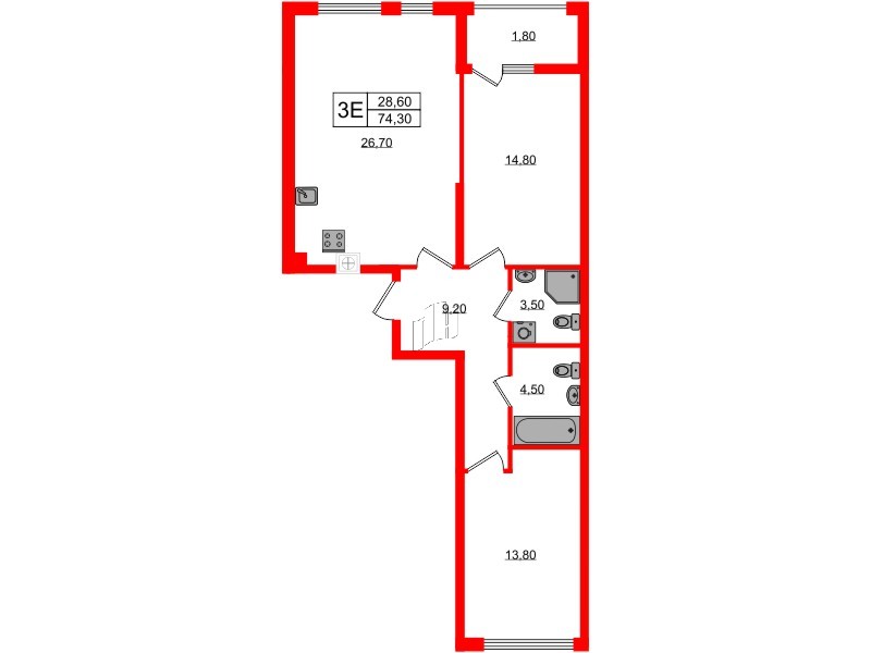 Квартира в ЖК «Дом на Красной», 2 комнатная, 74.3 м², 1 этаж