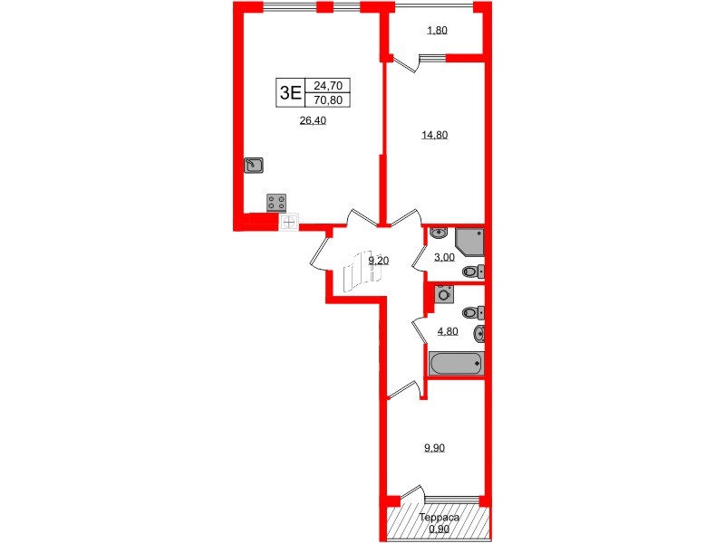 Квартира в ЖК «Дом на Красной», 2 комнатная, 70.8 м², 7 этаж