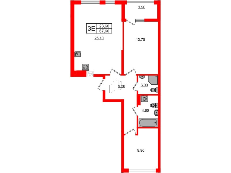Квартира в ЖК «Дом на Красной», 2 комнатная, 67.6 м², 8 этаж