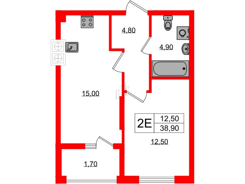 Квартира в ЖК «Дом на Красной», 1 комнатная, 38.9 м², 1 этаж
