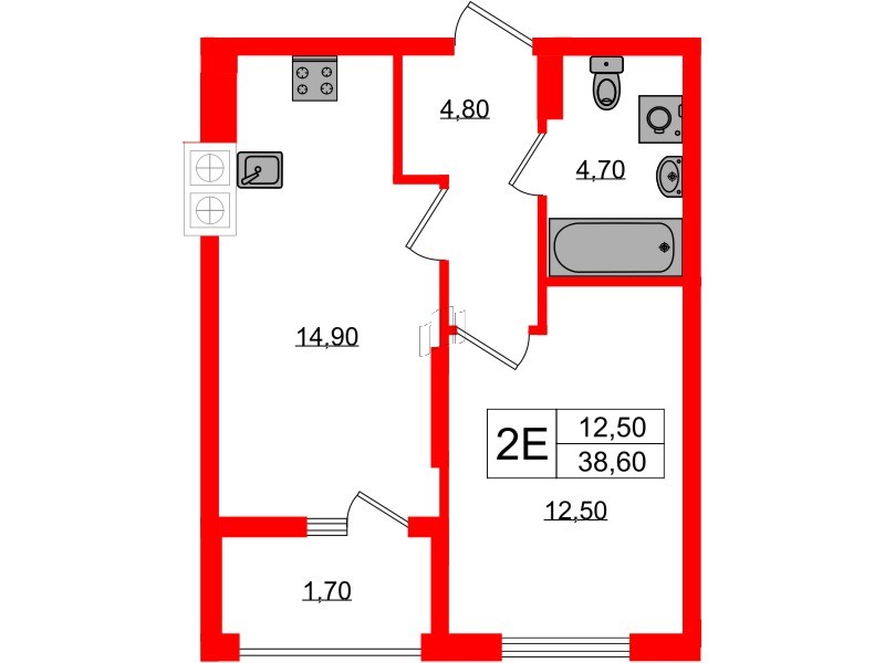 Квартира в ЖК «Дом на Красной», 1 комнатная, 38.6 м², 5 этаж