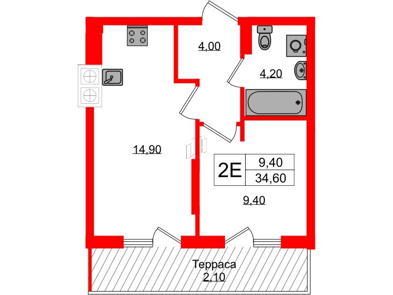 Квартира в ЖК «Дом на Красной», 1 комнатная, 34.6 м², 8 этаж