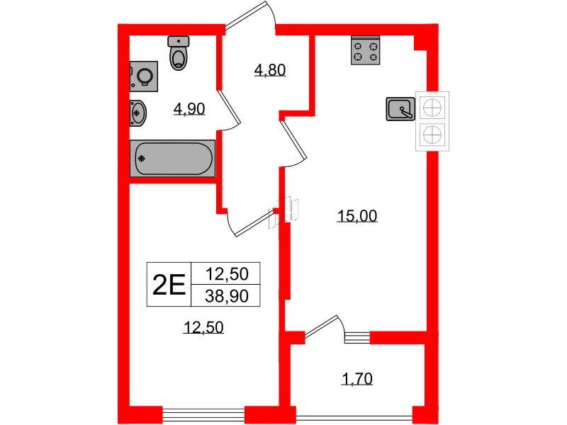 Квартира в ЖК «Дом на Красной», 1 комнатная, 38.9 м², 1 этаж