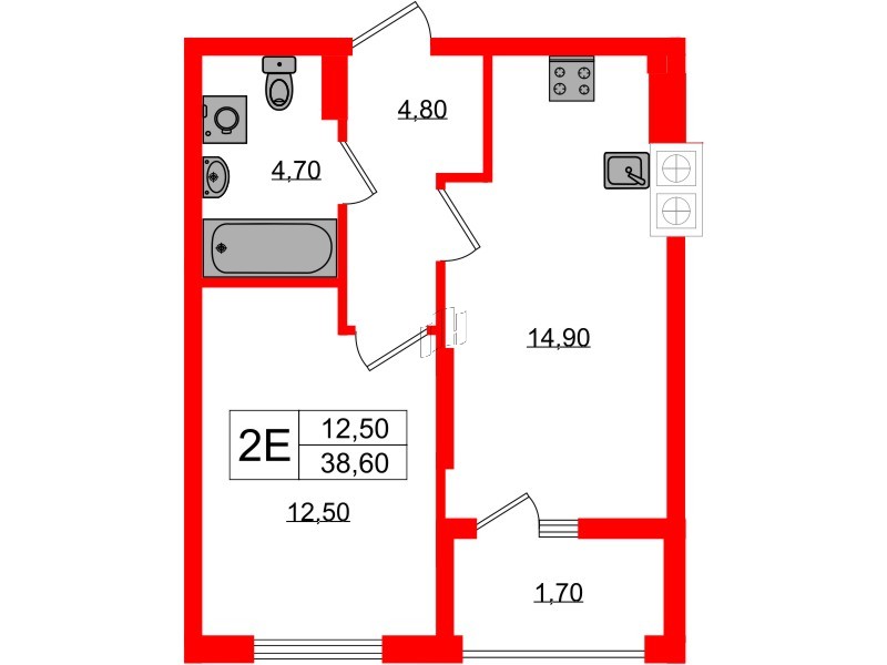Квартира в ЖК «Дом на Красной», 1 комнатная, 38.6 м², 2 этаж