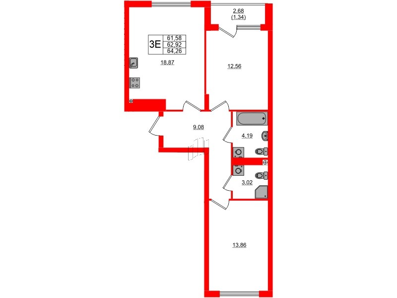 Квартира в ЖК «Расцвет Парк», 2 комнатная, 62.92 м², 3 этаж