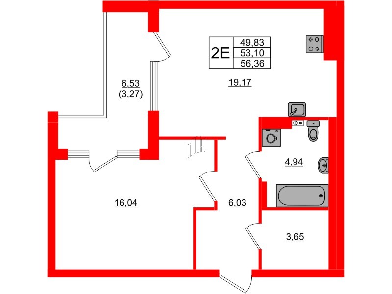 Квартира в ЖК «Расцвет Парк», 1 комнатная, 53.1 м², 2 этаж