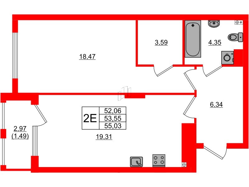 Квартира в ЖК «Расцвет Парк», 1 комнатная, 53.55 м², 2 этаж