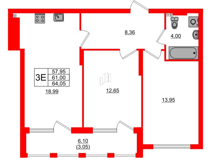 Квартира в ЖК «Расцвет Парк», 2 комнатная, 61 м², 4 этаж