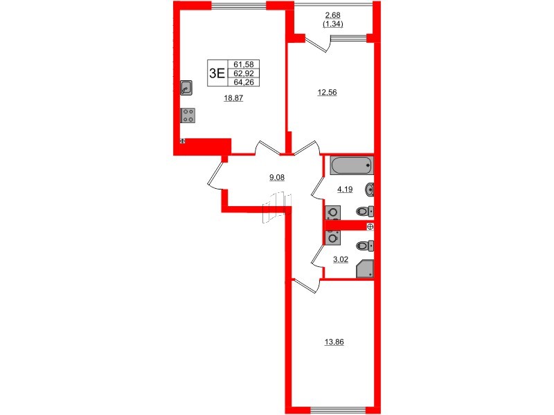 Квартира в ЖК «Расцвет Парк», 2 комнатная, 62.92 м², 3 этаж