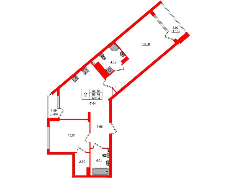 Квартира в ЖК «Расцвет Парк», 2 комнатная, 65.79 м², 3 этаж