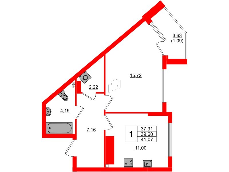 Квартира в ЖК «Расцвет Парк», 1 комнатная, 41.38 м², 3 этаж