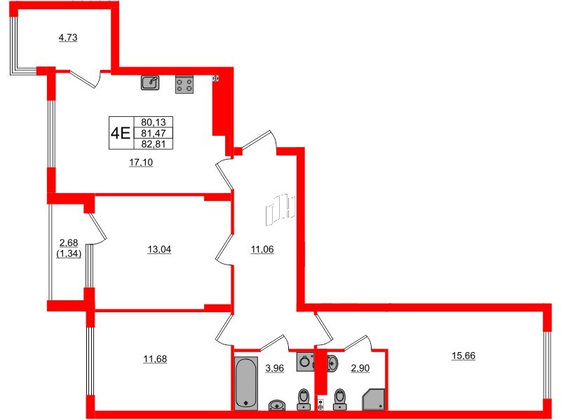 Квартира в ЖК «Расцвет Парк», 3 комнатная, 81.47 м², 2 этаж