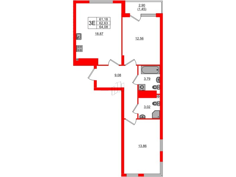 Квартира в ЖК «Расцвет Парк», 2 комнатная, 62.63 м², 3 этаж