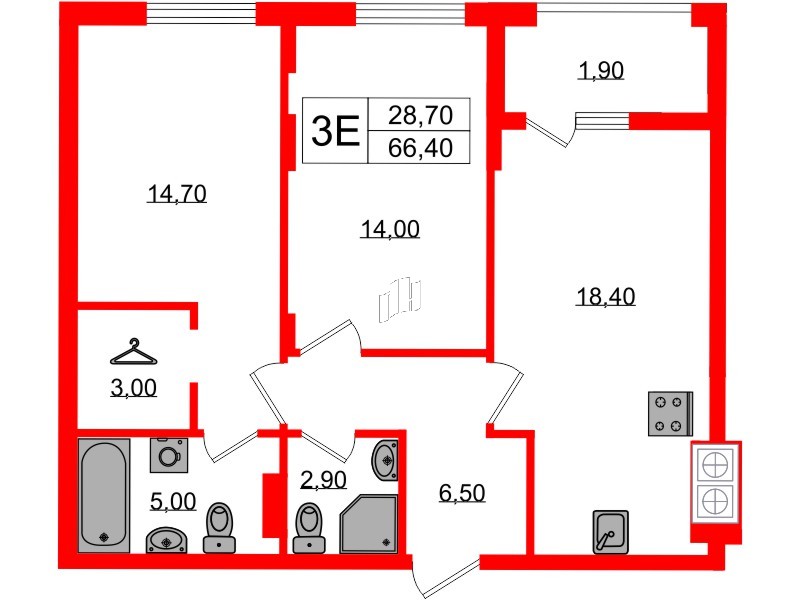 Квартира в ЖК «Дом на Красной», 2 комнатная, 66.4 м², 2 этаж