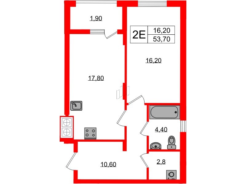 Квартира в ЖК «Дом на Красной», 1 комнатная, 53.7 м², 1 этаж