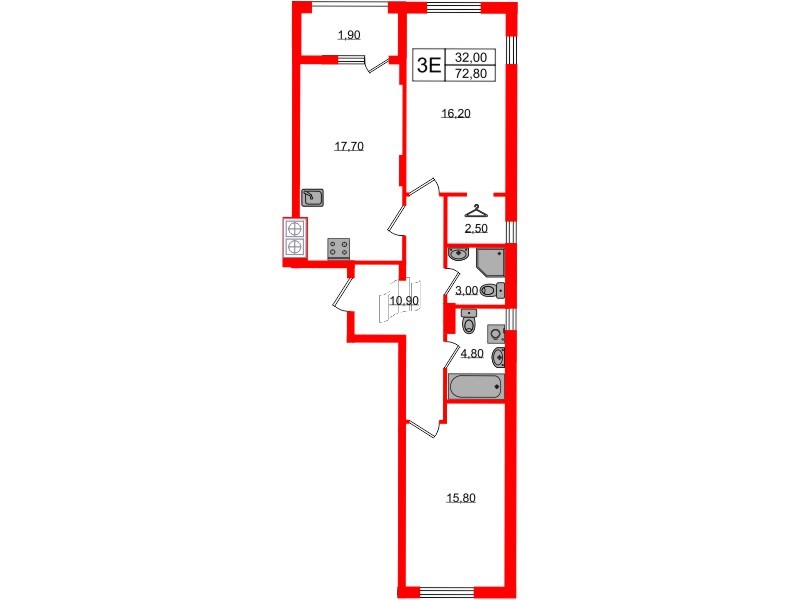 Квартира в ЖК «Дом на Красной», 2 комнатная, 72.8 м², 3 этаж